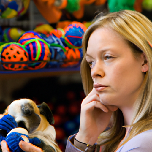 בעל כלב מהרהר על שלל צעצועי הכלבים בחנות חיות
