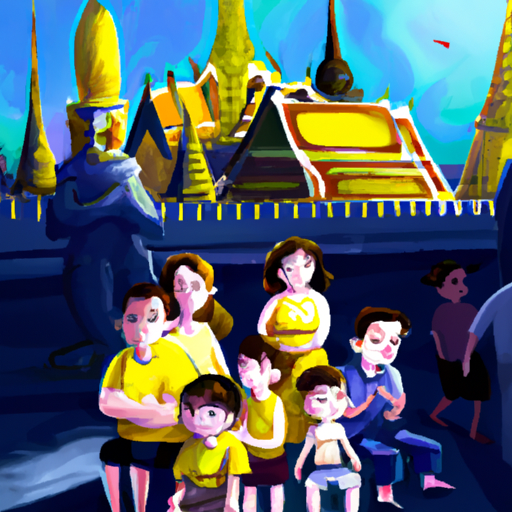 משפחה בת חמש נפשות על רקע הארמון הגדול בבנגקוק